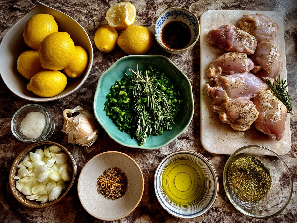 Ingredients for Citrus Chicken Thighs including chicken thighs, citrus juices, garlic, herbs, and spices