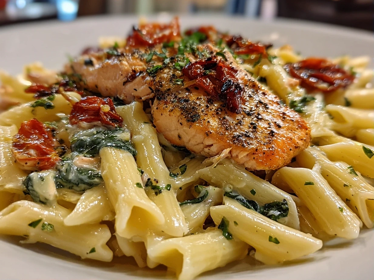Close-up of finished Salmon Pasta Sundried Tomato with creamy sauce, salmon chunks, and fresh herbs