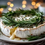 Close-up of beautifully arranged Brie Cheese Wheel with Rosemary Wreath