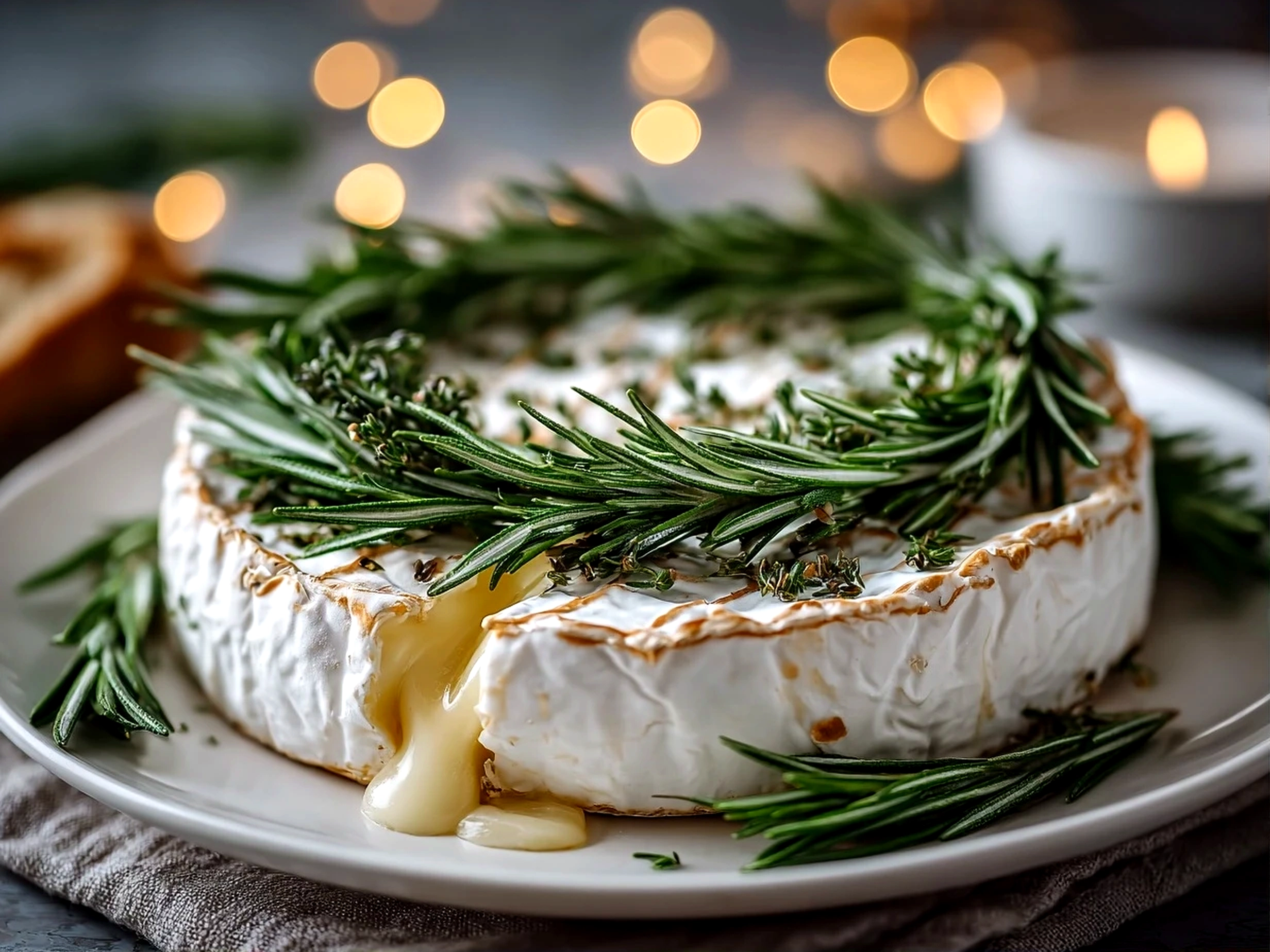 Close-up of beautifully arranged Brie Cheese Wheel with Rosemary Wreath