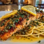 Close-up of delicious Salmon Piccata plated