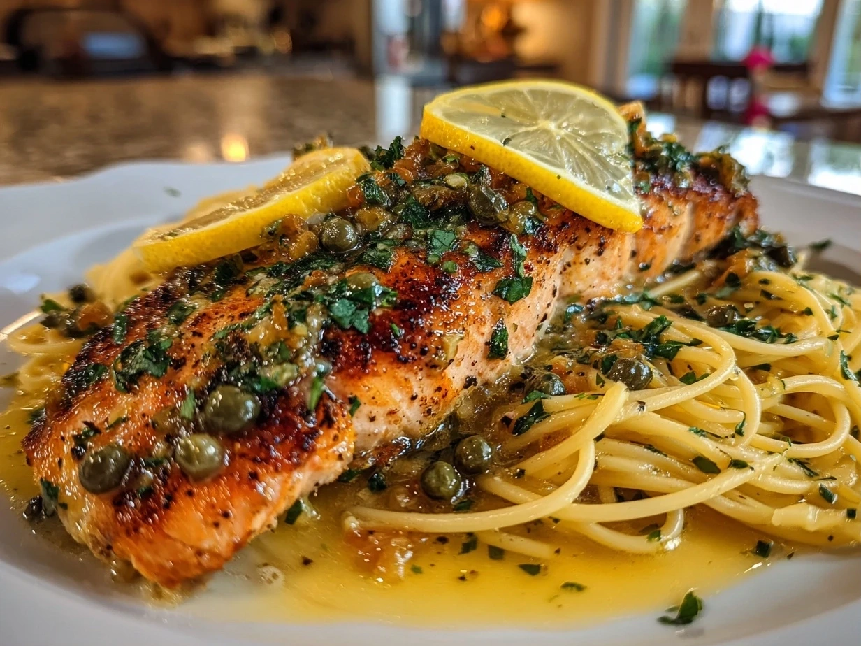 Close-up of delicious Salmon Piccata plated