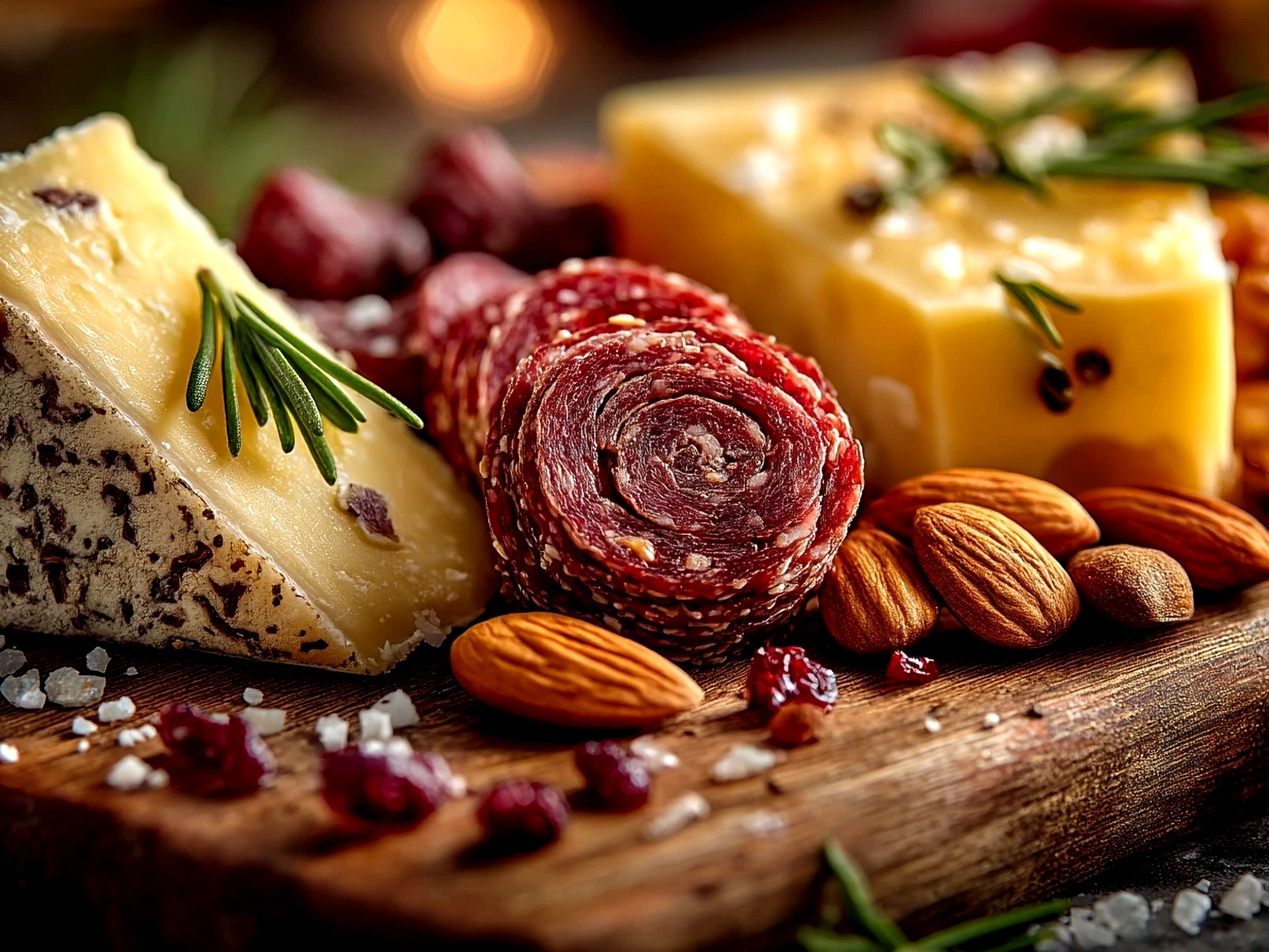 Close-up of gluten-free charcuterie board featuring a detailed salami rose with cheeses and garnishes