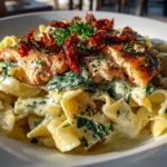 Close-up of homemade Salmon Pasta Sundried Tomato