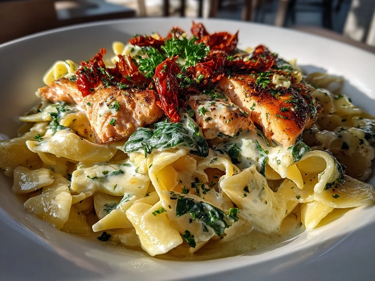 Close-up of homemade Salmon Pasta Sundried Tomato