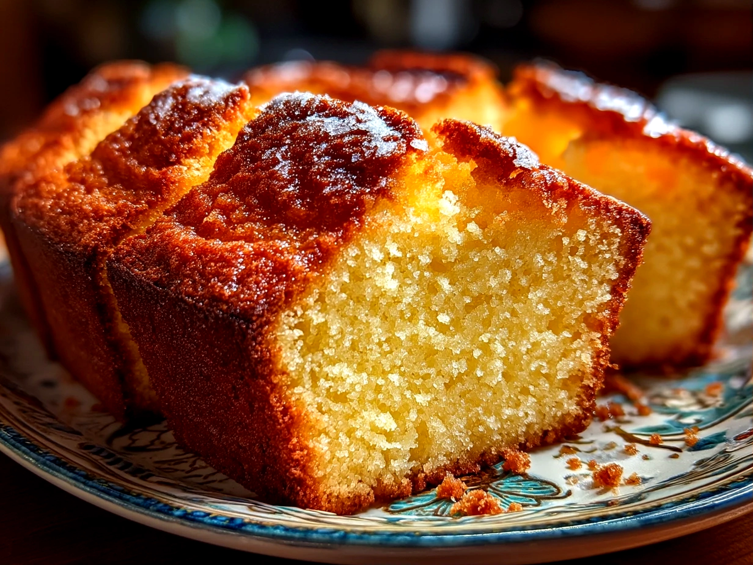 Close-up of moist slice of homemade buttery pound cake