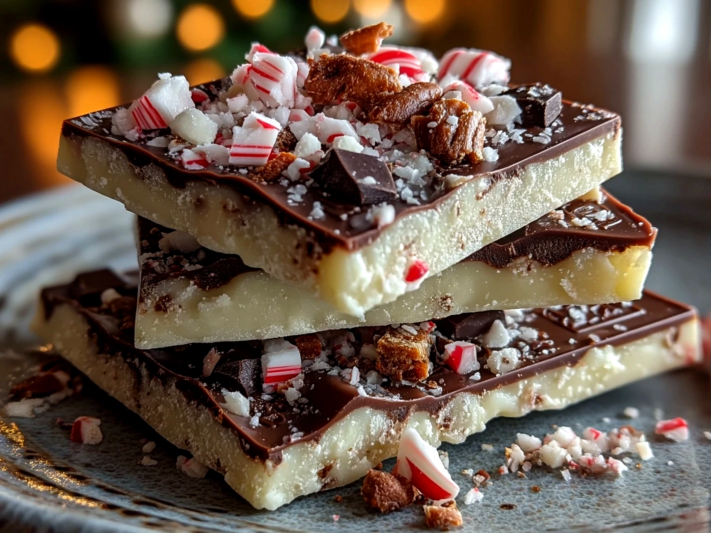 Close up of ready peppermint bark candy pieces