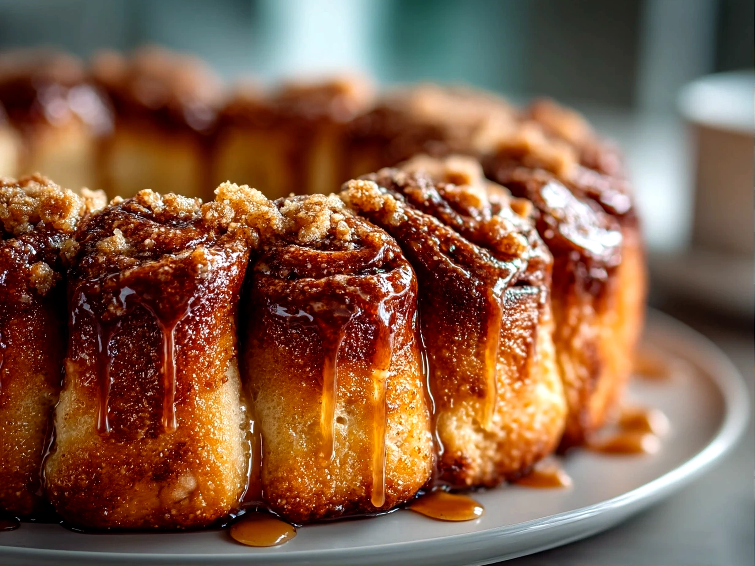 Close-up of a ready-to-eat Cinnamon Roll Pull-Apart Wreath with glaze drizzled on top.