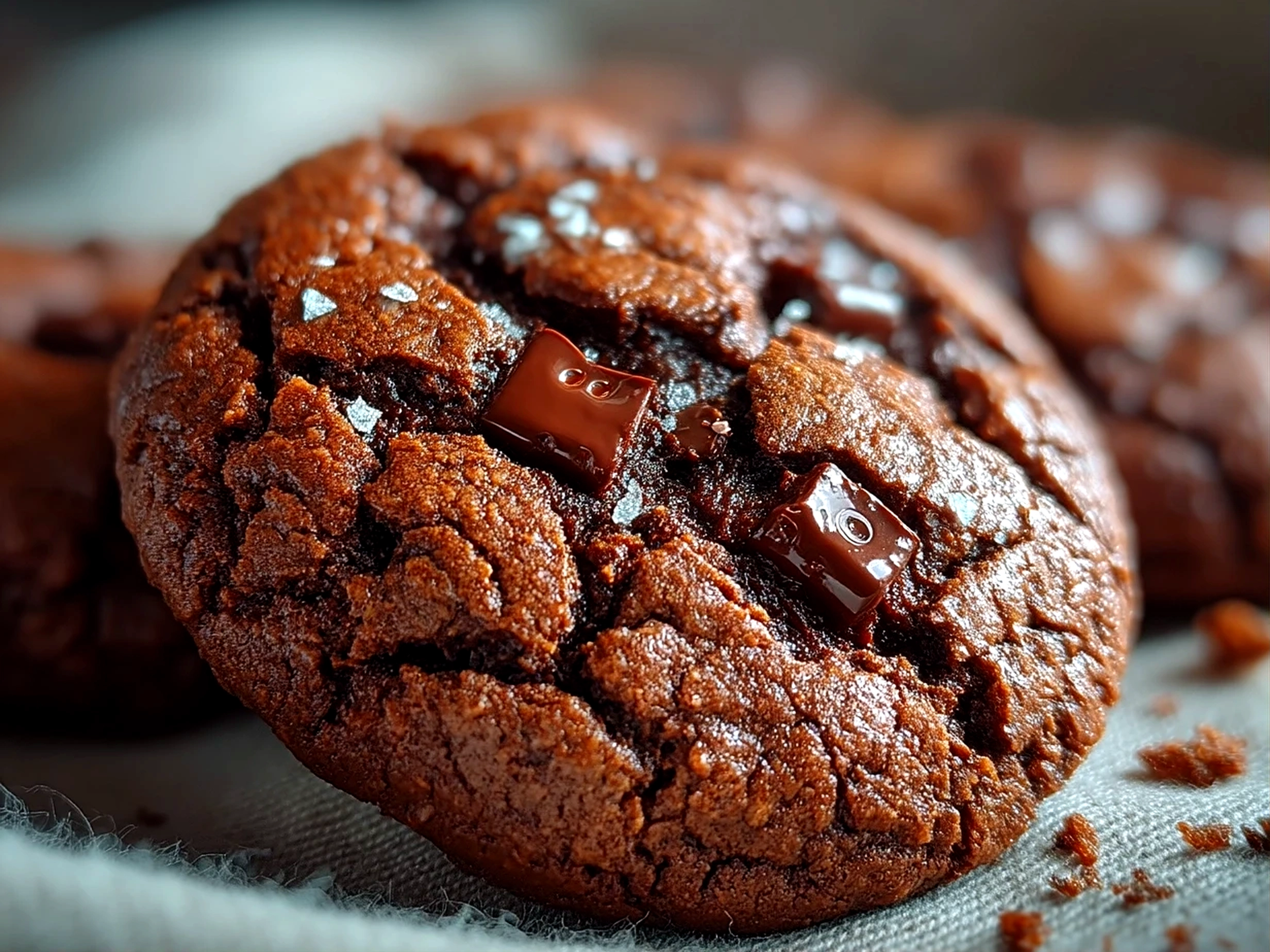 Close-up of ready-to-eat double chocolate cookies showcasing texture