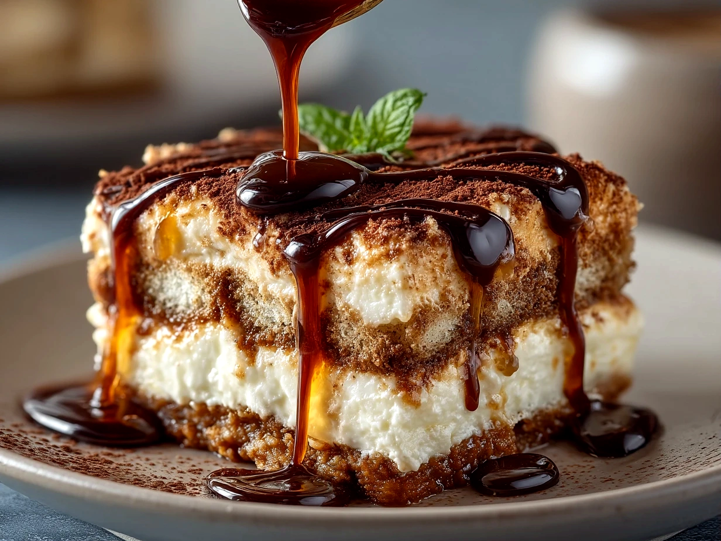 Close-up view of ready to eat tiramisu bars with dusting of cocoa powder on top.