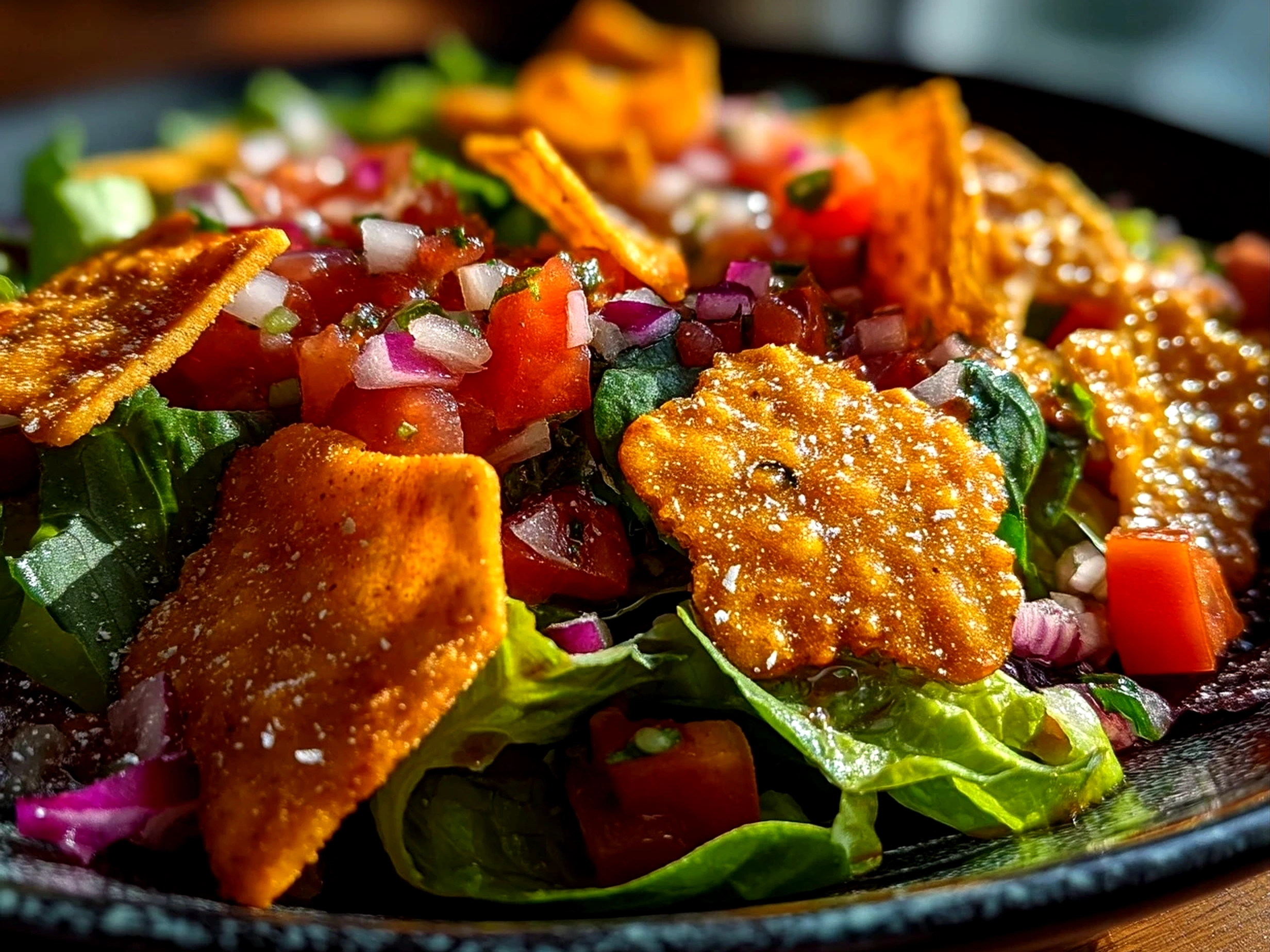 Close-up of ready winter salad with fresh homemade salsa and snowflake tortilla chips