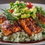 Close-up of Teriyaki Salmon Avocado Rice