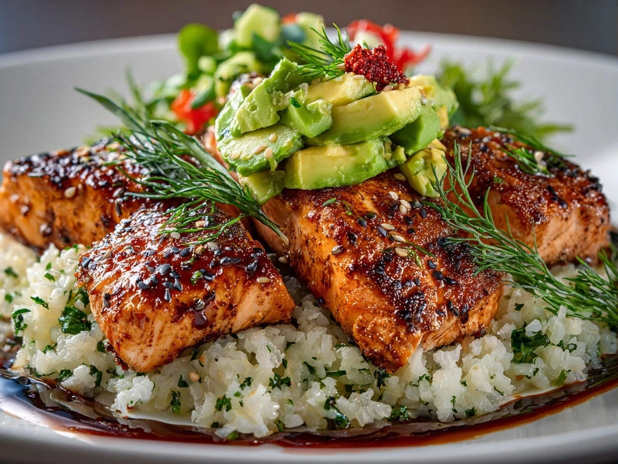 Close-up of Teriyaki Salmon Avocado Rice