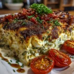 Close-up of TikTok Baked Feta Pasta with Pesto