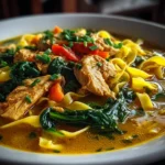 Close-up of Turmeric Ginger Chicken Noodle Soup