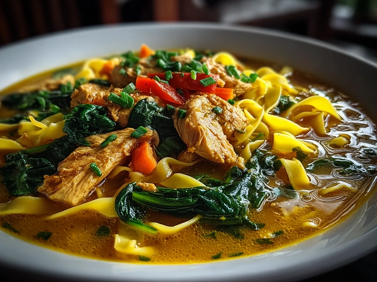 Close-up of Turmeric Ginger Chicken Noodle Soup