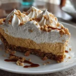 Close-up slight angle of homemade Old Fashioned Peanut Butter Pie on white plate