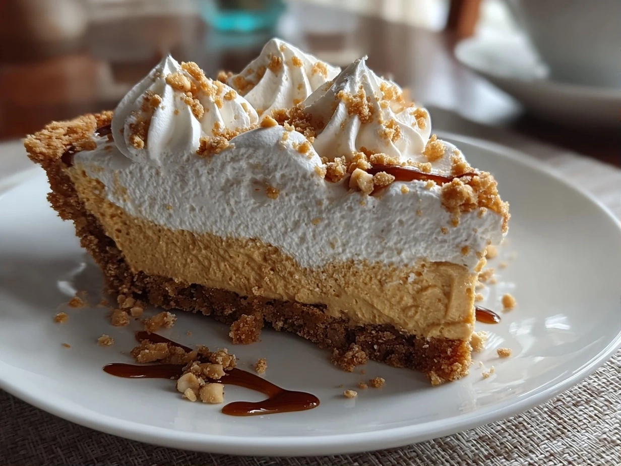 Close-up slight angle of homemade Old Fashioned Peanut Butter Pie on white plate