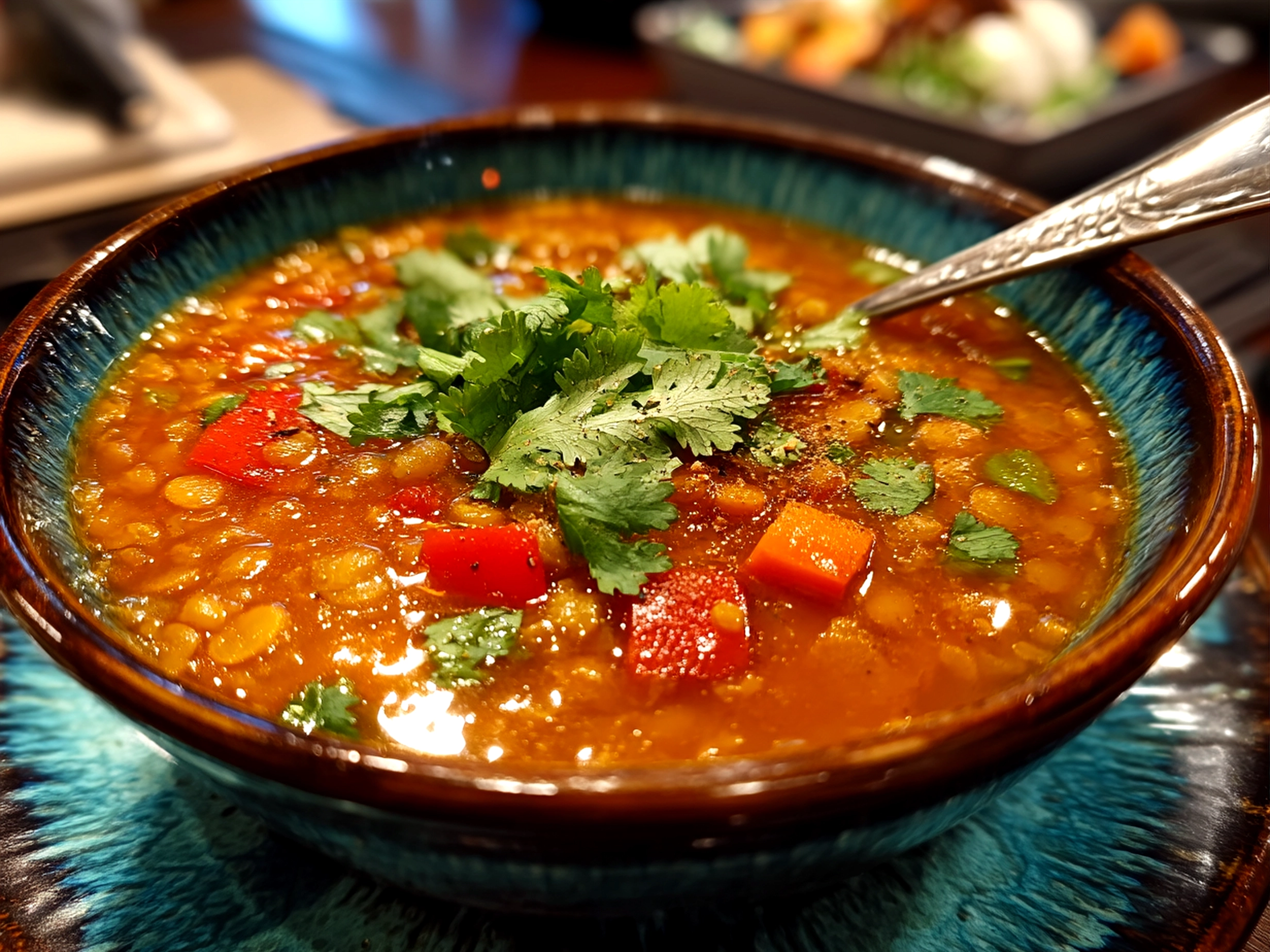 Bowl of Coconut Curry Lentil Soup served with naan bread and rice