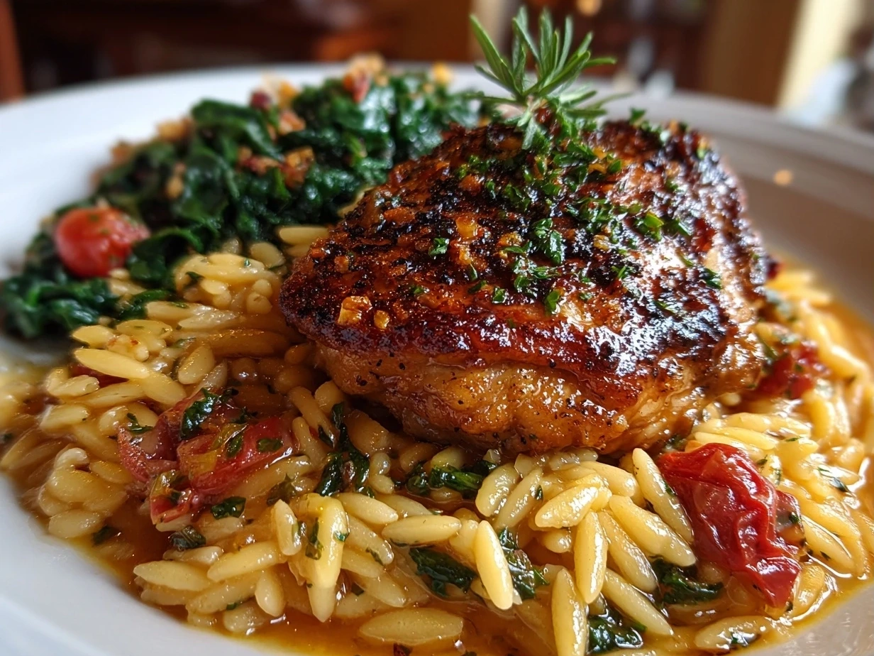 Comforting Mediterranean Chicken and Orzo plated