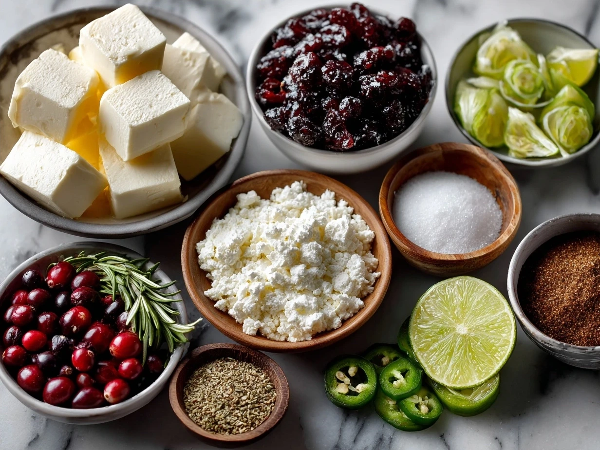 Ingredients for Cranberry Jalapeno Cream Cheese Dip laid out on a kitchen counter