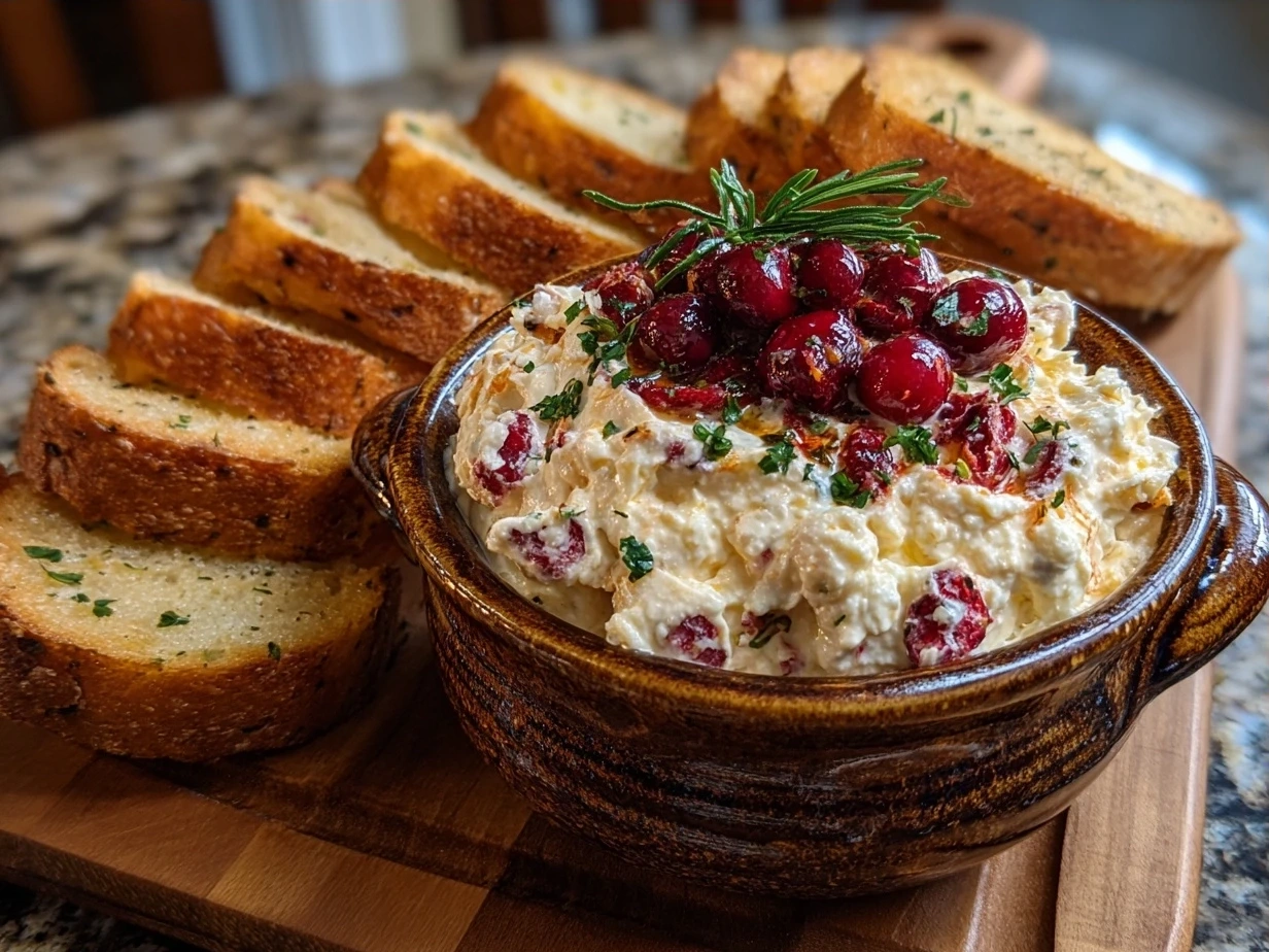 Finished creamy Cranberry Jalapeño Dip garnished and ready to serve