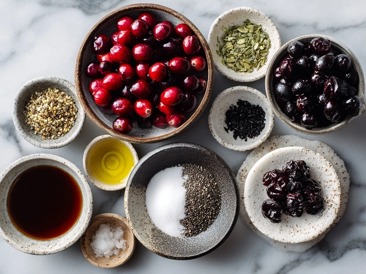 Ingredients for Cranberry Jalapeño Dip including cream cheese, cranberry sauce, jalapeños, green onions, lime, and spices