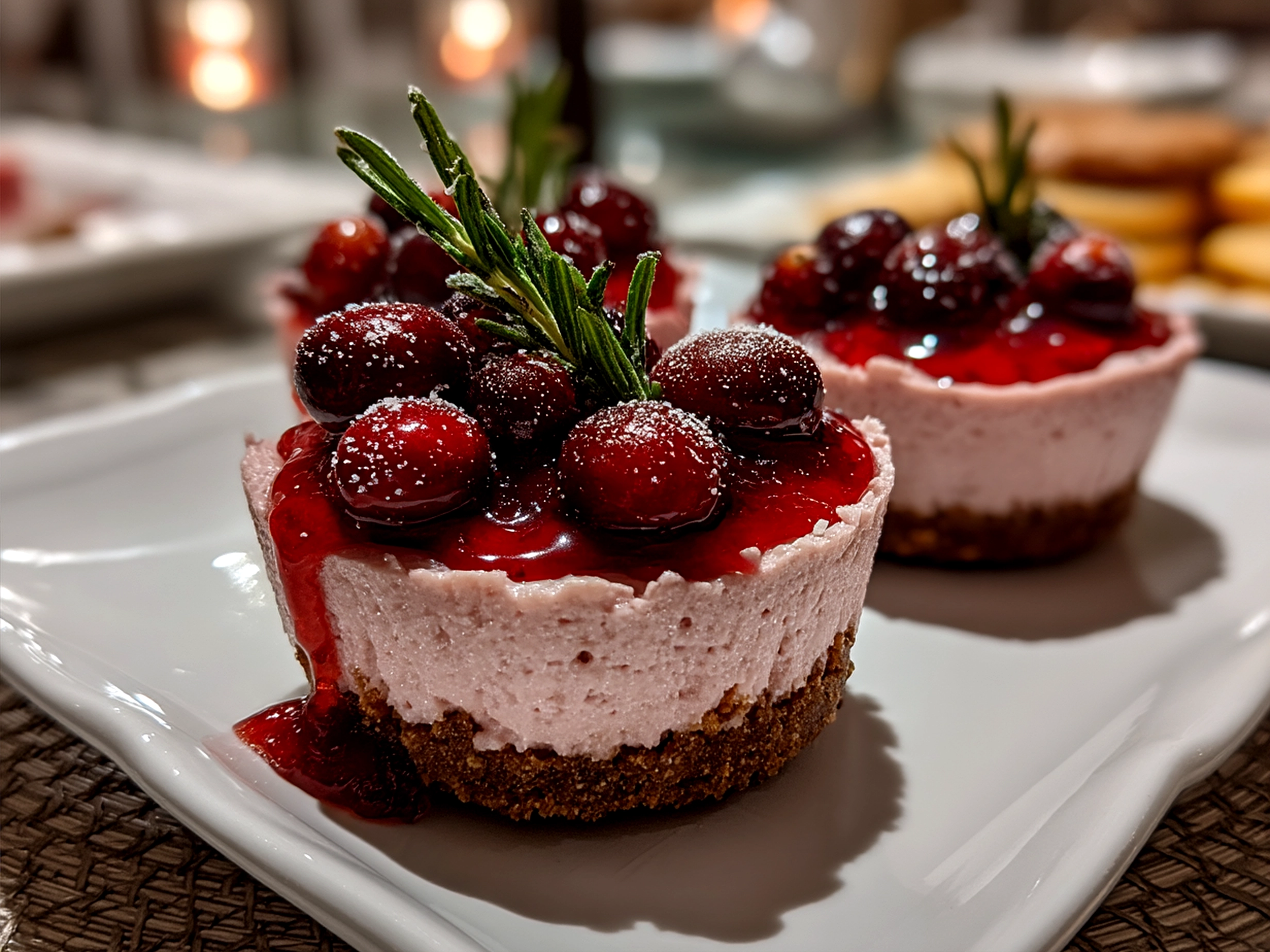 Cranberry Mousse Cups served in clear glasses garnished with fresh cranberries and mint leaves