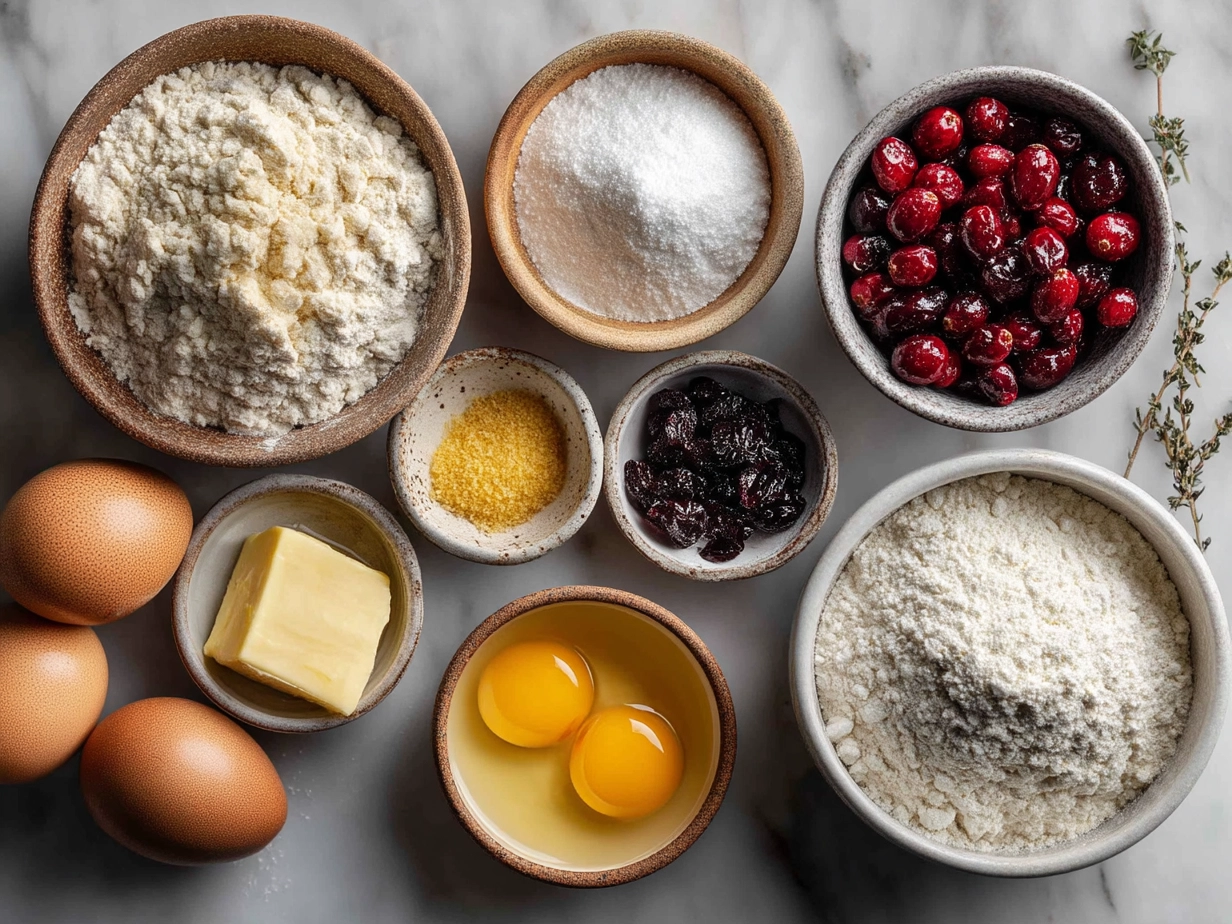 Ingredients for cranberry orange scones including flour, sugar, butter, orange zest, and cranberries