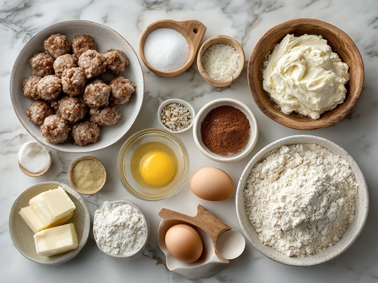 Ingredients for Cream Cheese Sausage Balls including sausage, cream cheese, cheddar cheese, spices, and Bisquick