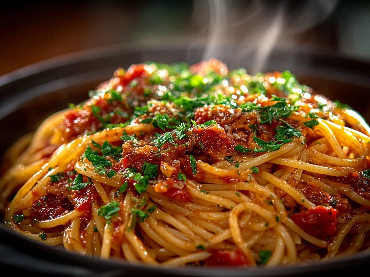 Creamy Crockpot Chicken Spaghetti freshly served on a plate with garnish