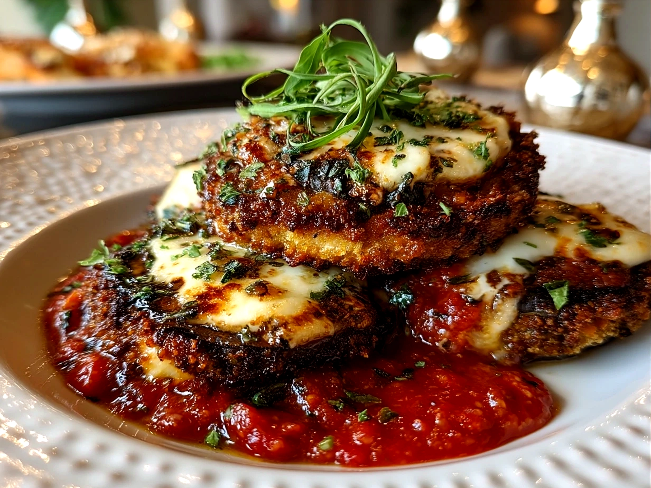 A finished plate of Eggplant Parmesan Stacks served with fresh herbs and a side of green salad