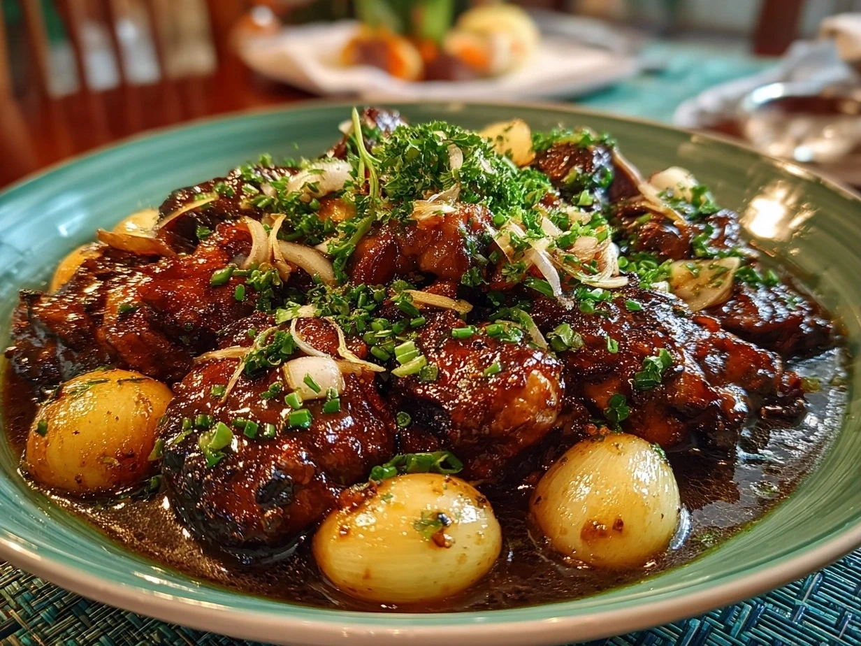 Final plated Filipino Chicken Adobo served with rice and garnish