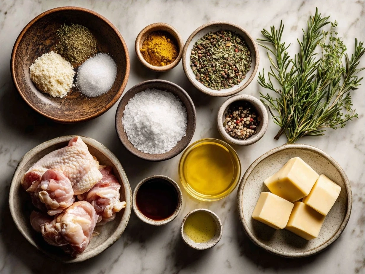 Ingredients for Filipino Chicken Adobo laid out on a kitchen counter
