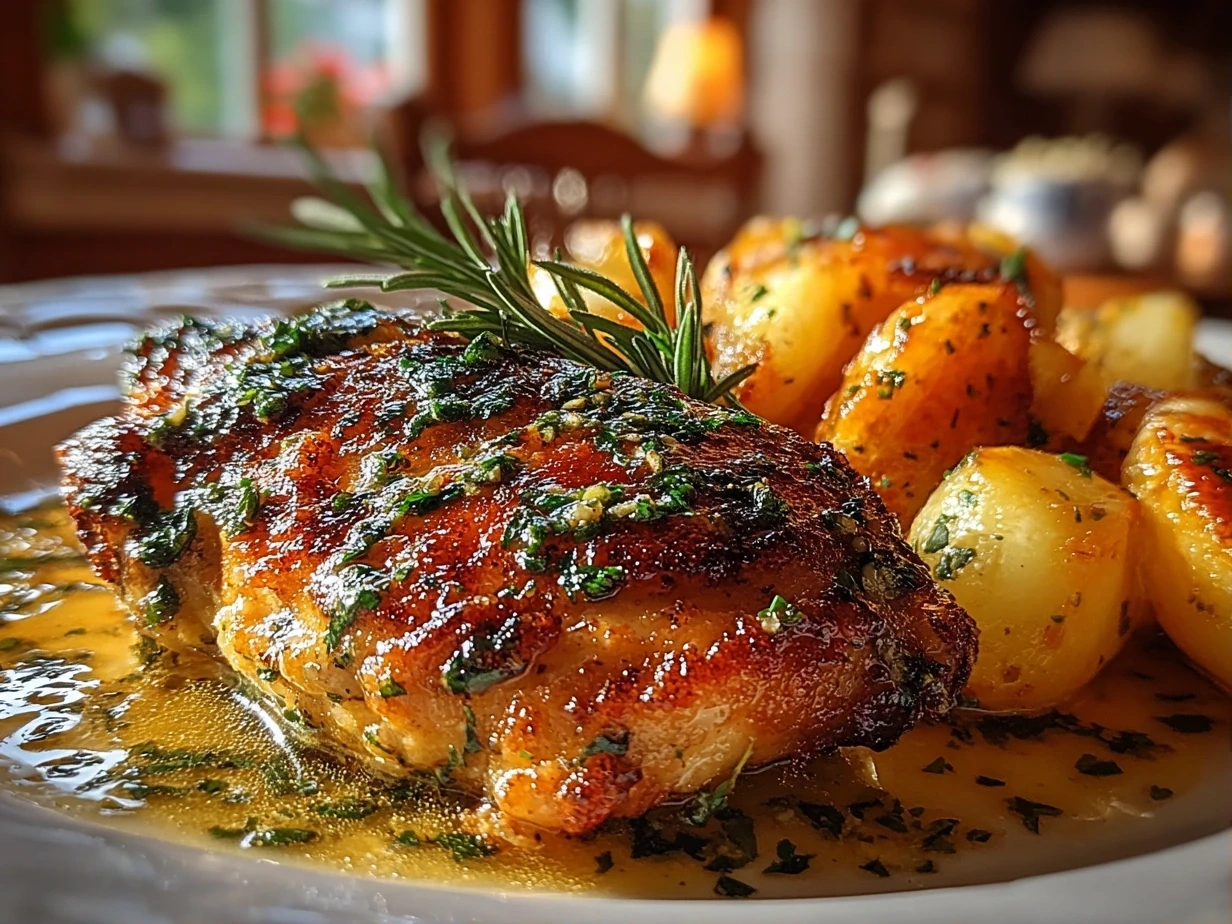 Final glimpse of cooked Melt-In-Your-Mouth Chicken served on a plate with herbs