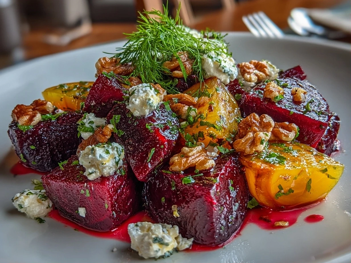 Close-up of a finished beet salad with goat cheese and toasted nuts