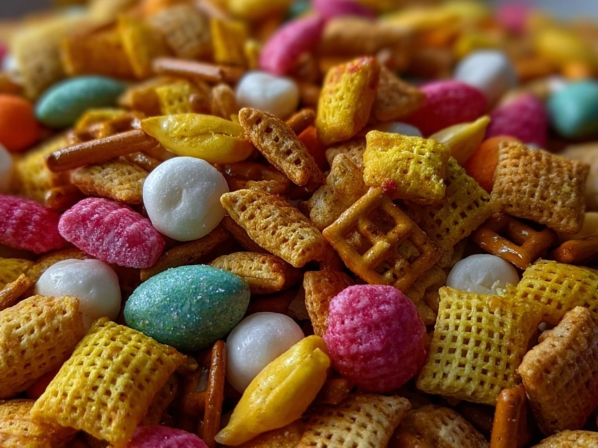 Close up of finished Bunny Bait Snack Mix with candy-coated eggs and white chocolate chips