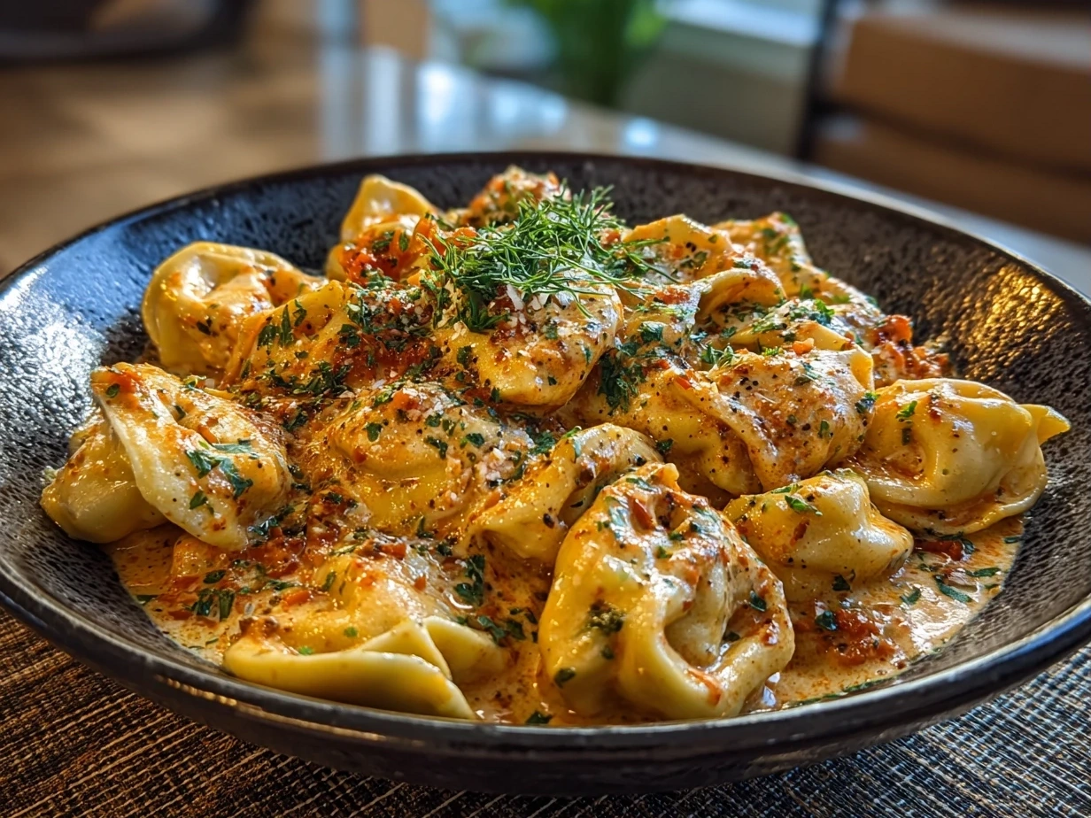 Close-up of finished Cheese Tortellini in Creamy Marinara dish with creamy tomato sauce and fresh herbs