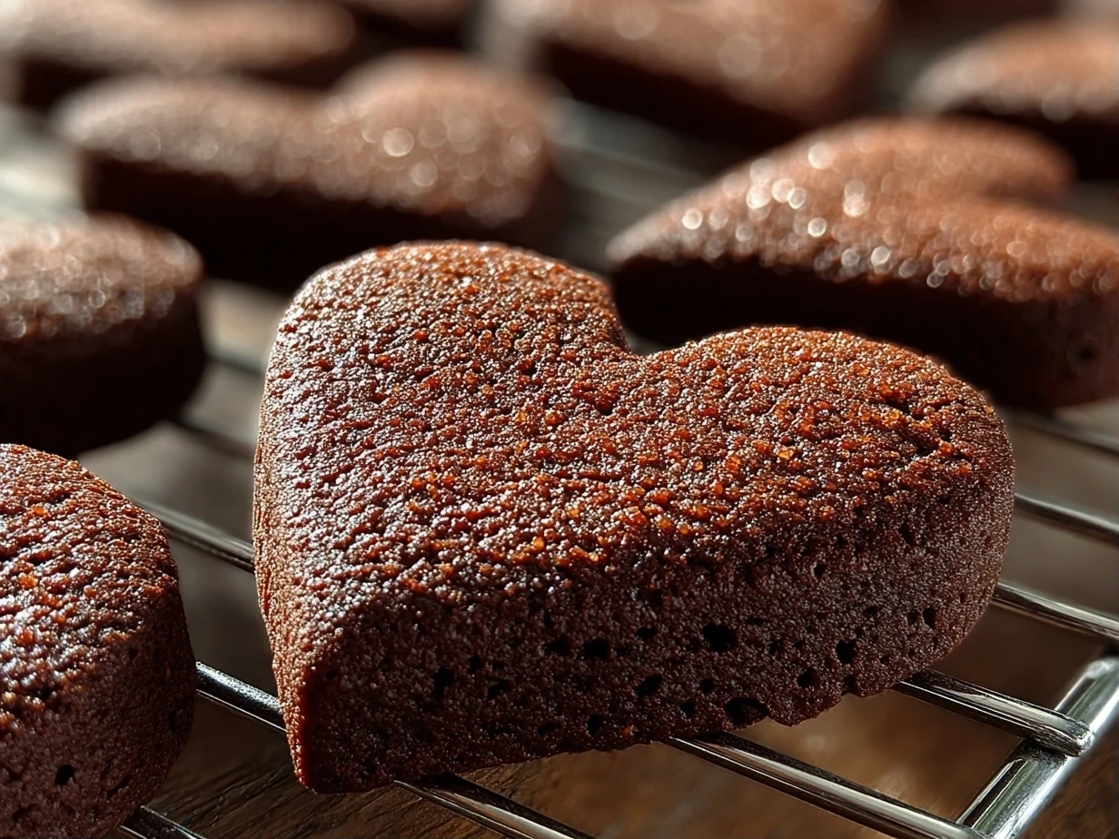 Close-up of finished chocolate cut out heart cookies with rich chocolate color and soft texture