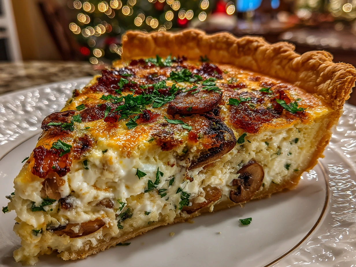 Close-up of a freshly baked Christmas Morning Quiche with golden cheese and ham pieces