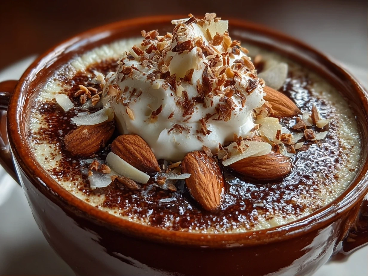 Finished Coconut Almond Chocolate Pudding served in a dish with toppings