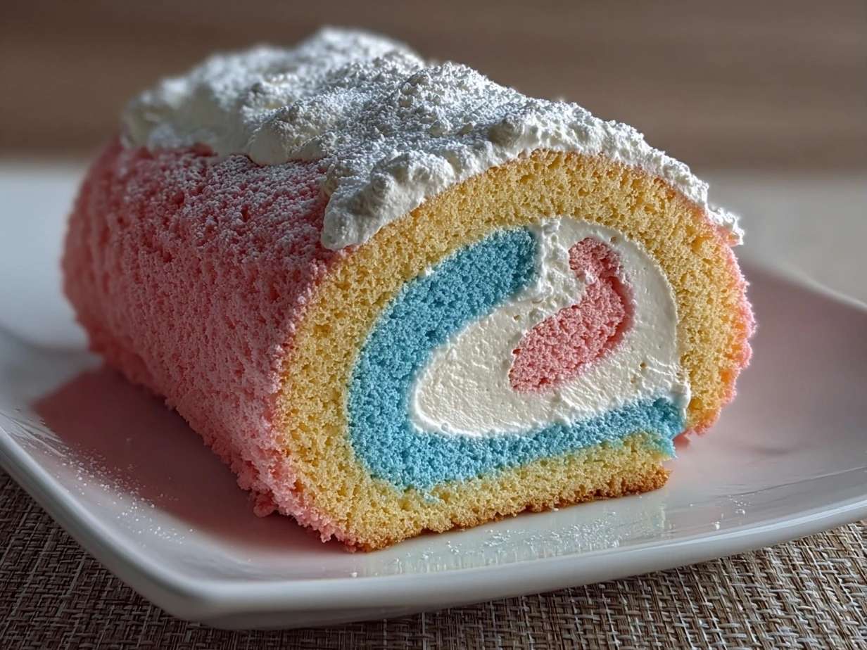 Finished Cotton Candy Swiss Cake Roll, light creamy and fluffy with a pink cotton candy color