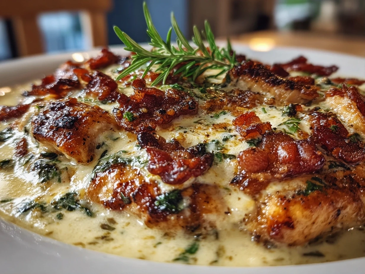 Close-up of finished Creamy Tuscan Chicken with creamy spinach and sun-dried tomato sauce