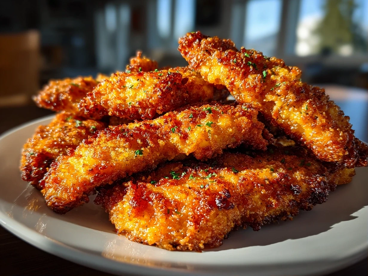 Close-up of finished Crispy Chicken Tenders served with dipping sauce