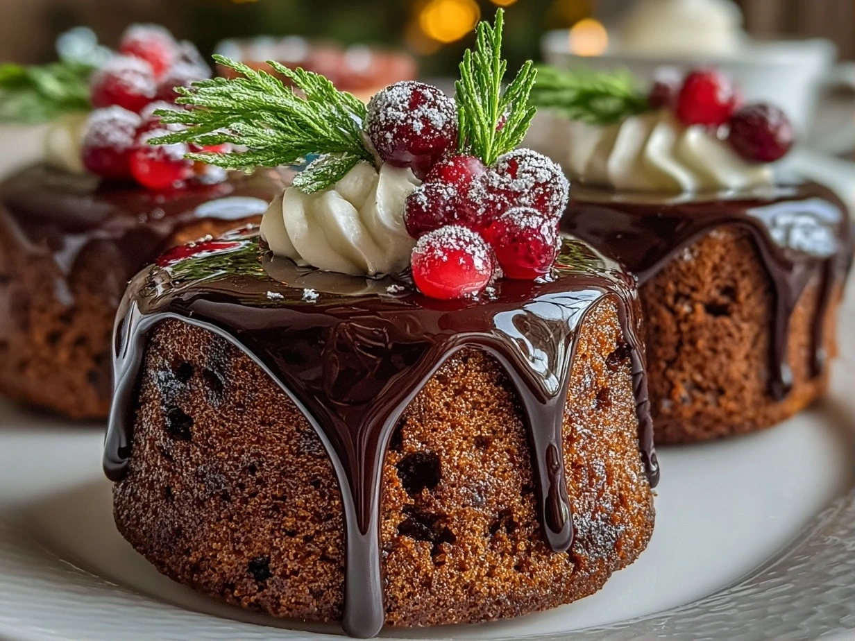 Finished Festive Mini Christmas Cakes with Ganache displayed on a festive plate