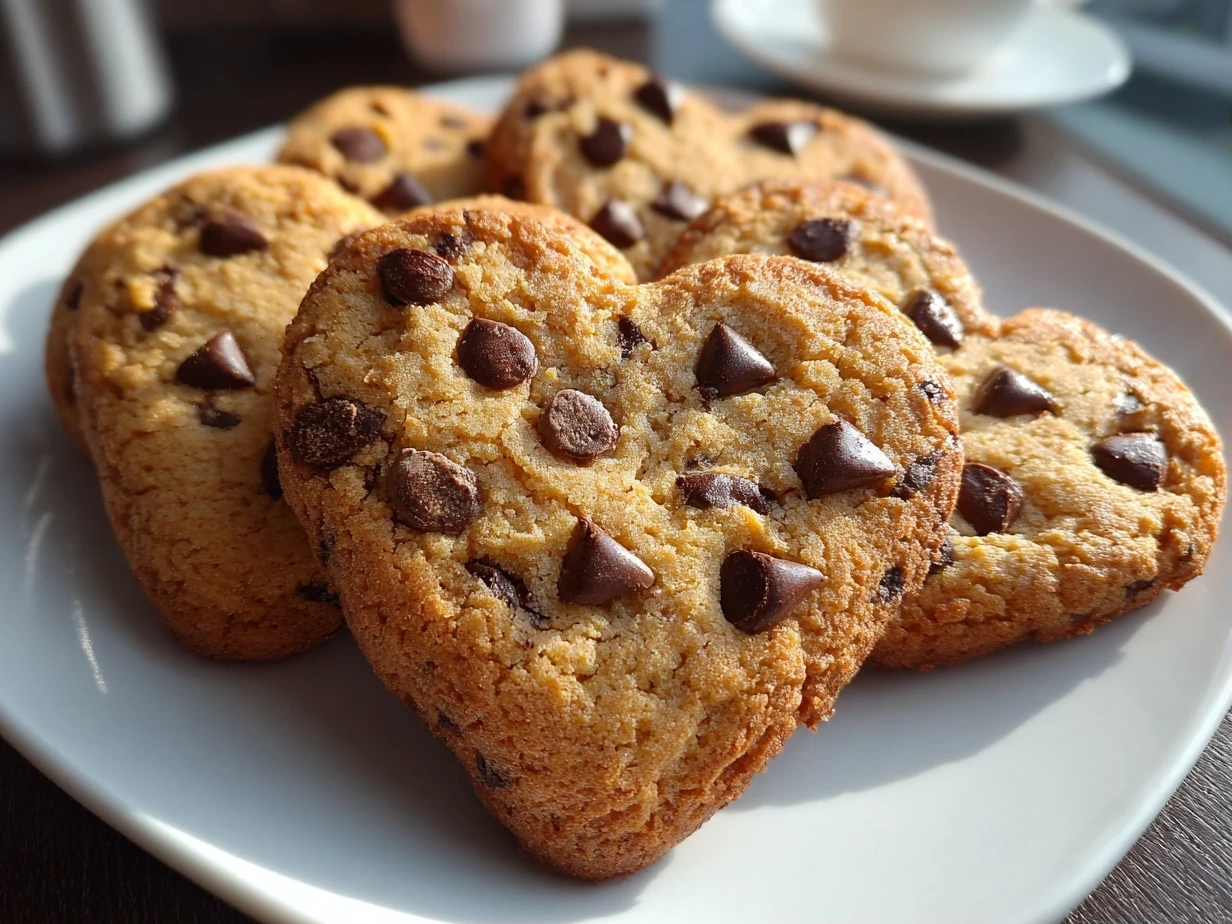 Finished heart-shaped chocolate chip cookies on a plate, golden and inviting