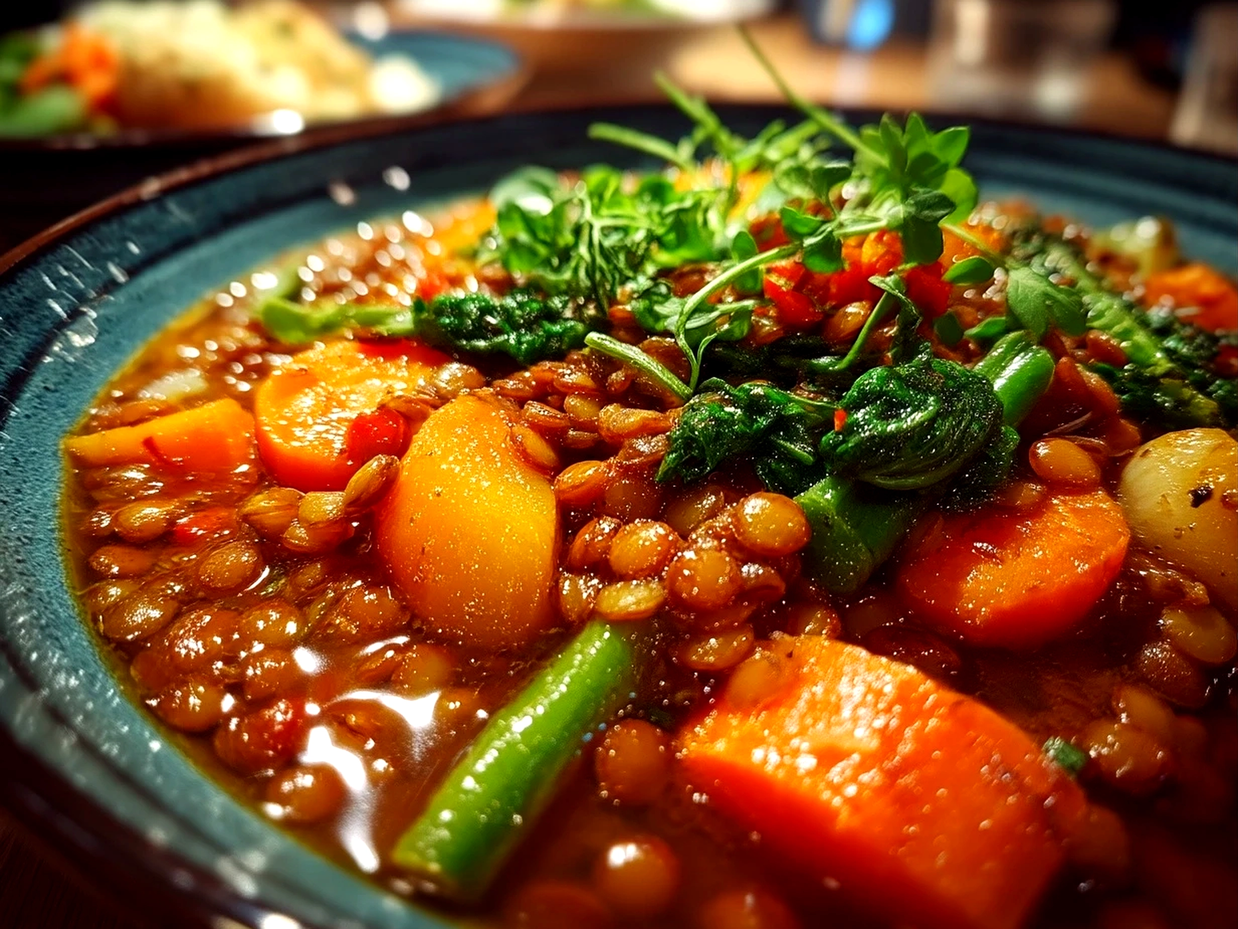 Close up of finished lentil hotpot served in a bowl showing chunks of vegetables and lentils