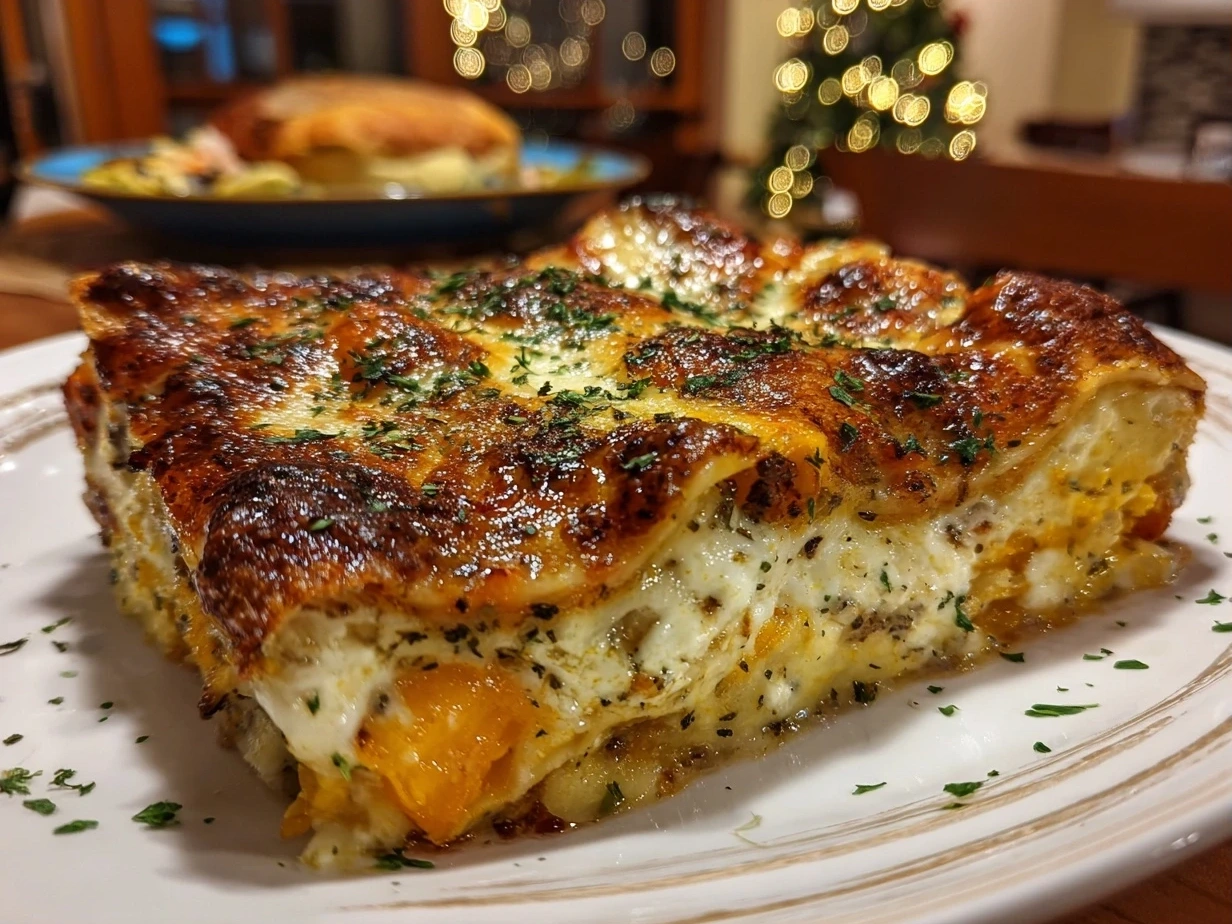Finished look of homemade butternut squash lasagna showing golden bubbly cheese and layers