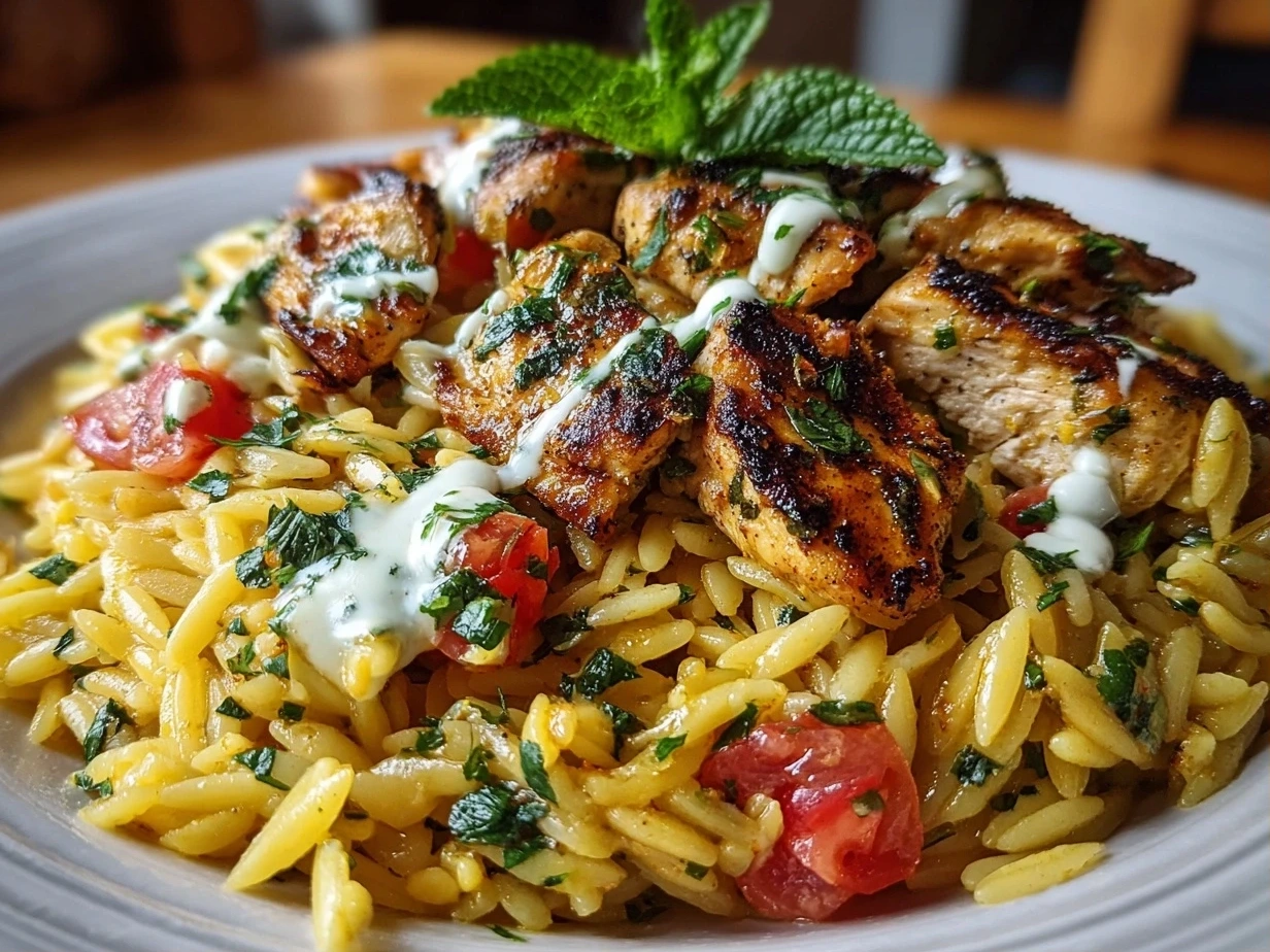 Close-up of finished Mediterranean Chicken and Orzo with chicken, orzo, tomatoes, feta, and parsley