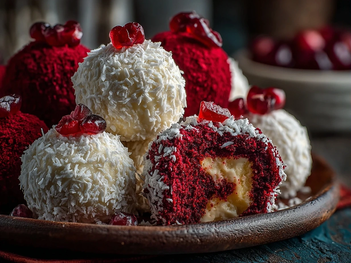 Close-up of finished No-Bake Red Velvet Snowball Truffles on a serving plate